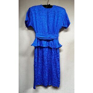 Vintage Argenti Women's Silk Peplum Party Midi Dress Size 8 Blue Short Sleeve